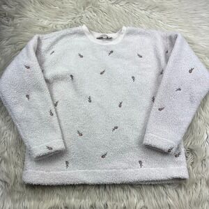 LOFT Women's S Ivory Floral Embroidered Teddy Fleece Crew Pullover
